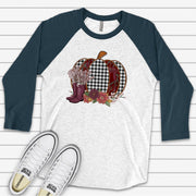Fall and Pumpkins Tee, Black and White Plaid Pumpkin with Boots Design on premium Raglan 3/4 sleeve shirt, plus size, 2X, 3X