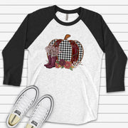 Fall and Pumpkins Tee, Black and White Plaid Pumpkin with Boots Design on premium Raglan 3/4 sleeve shirt, plus size, 2X, 3X