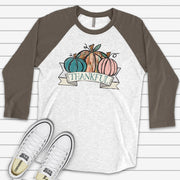 Fall Raglan, Thanksgiving Pumpkins Beautiful Pastel Pumpkins Thankful Design on premium Raglan 3/4 sleeve shirt, plus size, 2X, 3X