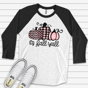 Fall & Halloween, It's Fall Ya'll Pink and Black Plaid Pumpkins Design on premium Raglan 3/4 sleeve shirt, plus size, 2X, 3X