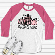 Fall & Halloween, It's Fall Ya'll Pink and Black Plaid Pumpkins Design on premium Raglan 3/4 sleeve shirt, plus size, 2X, 3X
