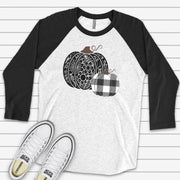 Fall & Halloween, Beautiful Black Floral Pumpkin, Plaid Black and White Pumpkin Design on premium Raglan 3/4 sleeve shirt, plus size, 2X, 3X