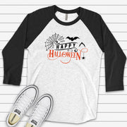 Halloween Raglan, Funny Happy Halloween Spider and Bat Design on premium Raglan 3/4 sleeve shirt, plus size, 2X, 3X
