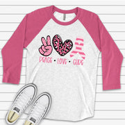 Breast Cancer Awareness Raglan, Peace Love Cure Breast Cancer Ribbon Design on premium Raglan 3/4 sleeve shirt, plus size, 2X, 3X