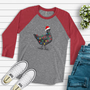 Christmas Chicken Raglan, Cute Chicken in Santa Hat with Christmas Lights Design on premium Raglan 3/4 sleeve shirt, plus size, 2X, 3X