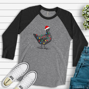 Christmas Chicken Raglan, Cute Chicken in Santa Hat with Christmas Lights Design on premium Raglan 3/4 sleeve shirt, plus size, 2X, 3X