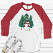 Christmas Raglan, Beautiful Christmas Trees with Snowman Watercolor Design on premium Raglan 3/4 sleeve shirt, plus size, 2X, 3X