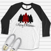 Christmas Raglan, Merry Christmas Red Buffalo Trees Design on premium Raglan 3/4 sleeve shirt, plus size, 2X, 3X