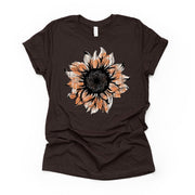 Sunflower Tee, Autumn Sunflower, Pretty Fall Orange Plaid Sunflower Design on premium unisex shirt, super soft shirt, plus sizes, 2x, 3x, 4x