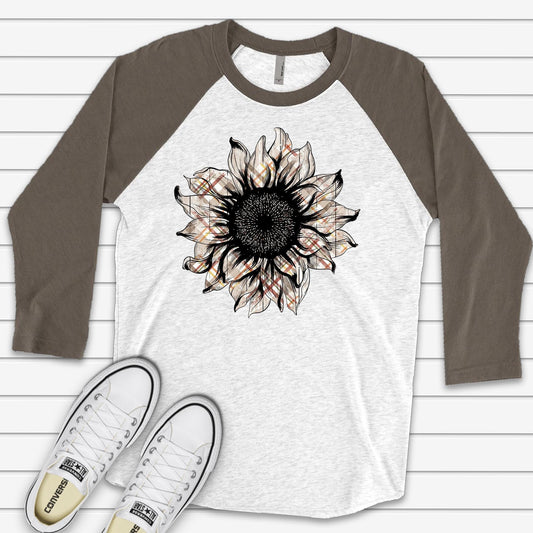 Cute Fall Raglan, Sunflower Raglan, Tan and Orange Plaid Sunflower Design on premium Raglan 3/4 sleeve shirt, plus size, 2X, 3X