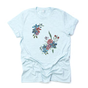 Floral Shirt, Beautiful Blue and Red Flowers Design on premium Bella + Canvas unisex shirt, 3 color choices, plus sizes available