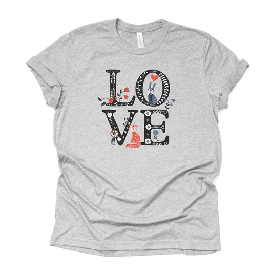 Scandinavian LOVE with Fox and Rabbit with Flowers Design on premium Bella + Canvas unisex shirt, 3 color choices, plus sizes available