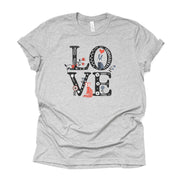 Scandinavian LOVE with Fox and Rabbit with Flowers Design on premium Bella + Canvas unisex shirt, 3 color choices, plus sizes available