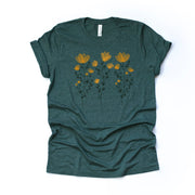 Yellow Flowers and Stems, Cute Boho Yellow Flowers Design on premium Bella + Canvas unisex shirt, 3 color choices, plus sizes available