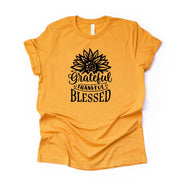 Cute Grateful, Thankful, and Blessed Sunflower Design on premium Bella + Canvas unisex shirt, 3 color choices, plus sizes available