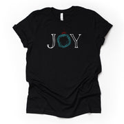 Christmas Tee, JOY shirt with Christmas Wreath Design on premium Bella + Canvas unisex shirt, 3 color choices, plus sizes