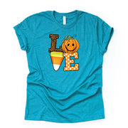 Fall & Halloween, Super Cute LOVE Fall Pumpkin and Candy Corn Design on premium Bella + Canvas unisex shirt, 3 color choices, plus size
