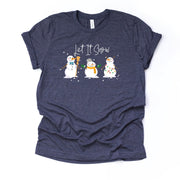 Christmas Tee, Super Cute Snowmen Let It Snow Design on premium Bella + Canvas unisex shirt, 2 color choices, plus size