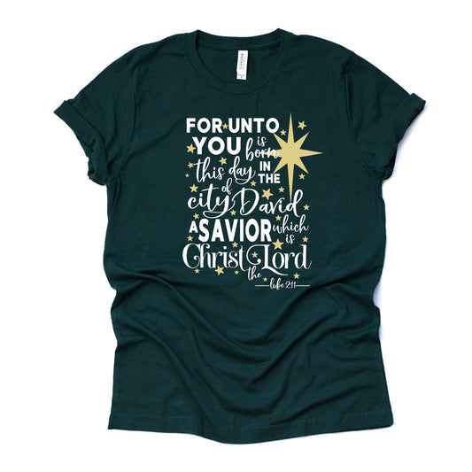 Christmas Christian Tee, In the City of David A Savior Is Born Design on premium Bella + Canvas unisex shirt, 2 color choices, plus size