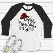 Christmas Raglan, Merry Christmas Y'all Red Buffalo Plaid Santa Hat Design on premium Raglan 3/4 sleeve shirt, plus size, 2X, 3X