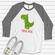 Christmas Raglan, Funny Christmas Tree Rex T-Rex Dinosaur Christmas Design on premium Raglan 3/4 sleeve shirt, plus size, 2X, 3X