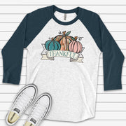 Fall Raglan, Thanksgiving Pumpkins Beautiful Pastel Pumpkins Thankful Design on premium Raglan 3/4 sleeve shirt, plus size, 2X, 3X