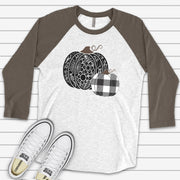 Fall & Halloween, Beautiful Black Floral Pumpkin, Plaid Black and White Pumpkin Design on premium Raglan 3/4 sleeve shirt, plus size, 2X, 3X