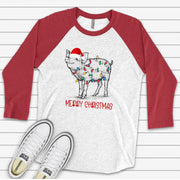 Christmas Pig Raglan, Cute Pig in Santa Hat with Christmas Lights Design on premium Raglan 3/4 sleeve shirt, plus size, 2X, 3X