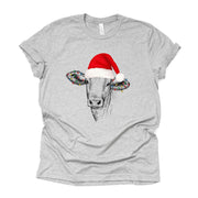 Christmas Tee, Cute Christmas Cow with Santa Hat and Lights Design on premium Bella + Canvas unisex shirt, 3 color choices, plus sizes