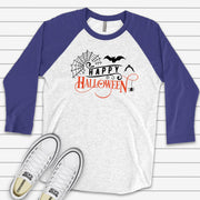 Halloween Raglan, Funny Happy Halloween Spider and Bat Design on premium Raglan 3/4 sleeve shirt, plus size, 2X, 3X