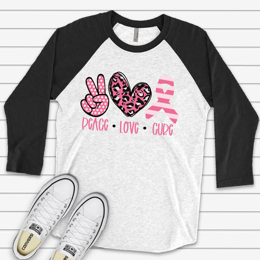 Breast Cancer Awareness Raglan, Peace Love Cure Breast Cancer Ribbon Design on premium Raglan 3/4 sleeve shirt, plus size, 2X, 3X