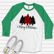 Christmas Raglan, Merry Christmas Red Buffalo Trees Design on premium Raglan 3/4 sleeve shirt, plus size, 2X, 3X
