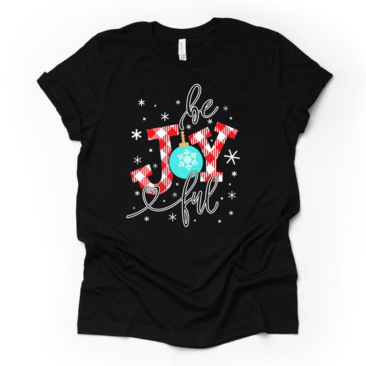Christmas Tee, Be Joyful in Red and White Plaid with Snowflakes Design on premium unisex shirt, 2 color choices, plus sizes available