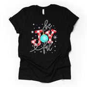 Christmas Tee, Be Joyful in Red and White Plaid with Snowflakes Design on premium unisex shirt, 2 color choices, plus sizes available