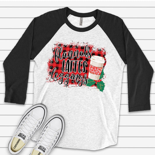 Christmas Raglan, Christmas Flannels, Lattes and Leggins Buffalo Plaid Design on premium Raglan 3/4 sleeve shirt, plus size, 2X, 3X