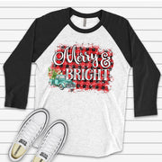 Christmas Raglan, Merry and Bright Old Blue Truck Red and Black Buffalo Plaid Design on premium Raglan 3/4 sleeve shirt, plus size, 2X, 3X