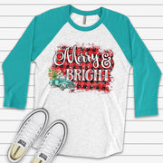 Christmas Raglan, Merry and Bright Old Blue Truck Red and Black Buffalo Plaid Design on premium Raglan 3/4 sleeve shirt, plus size, 2X, 3X