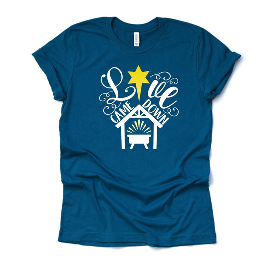 Christian Christmas Tee, Love Came Down Jesus Born in a Manger design on premium unisex shirt, 2 color choices, plus sizes available