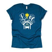 Christian Christmas Tee, Love Came Down Jesus Born in a Manger design on premium unisex shirt, 2 color choices, plus sizes available
