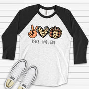 Cute Fall Raglan, Peace Love Fall, Plaid and Leopard Pumpkin and Heart Design on premium Raglan 3/4 sleeve shirt, plus size, 2X, 3X