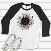Cute Fall Raglan, Sunflower Raglan, Tan and Orange Plaid Sunflower Design on premium Raglan 3/4 sleeve shirt, plus size, 2X, 3X