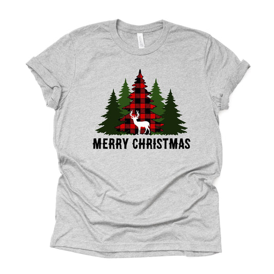 Christmas Tee, Christmas Deer with Red Buffalo Plaid Tree and Green Trees Design on premium cotton unisex shirt, plus sizes, 2x, 3x, 4x