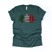 Christmas Tee, Super Cute Three Christmas Trees in Green, Red and Black Plaid Design on premium cotton unisex shirt, plus sizes, 2x, 3x, 4x