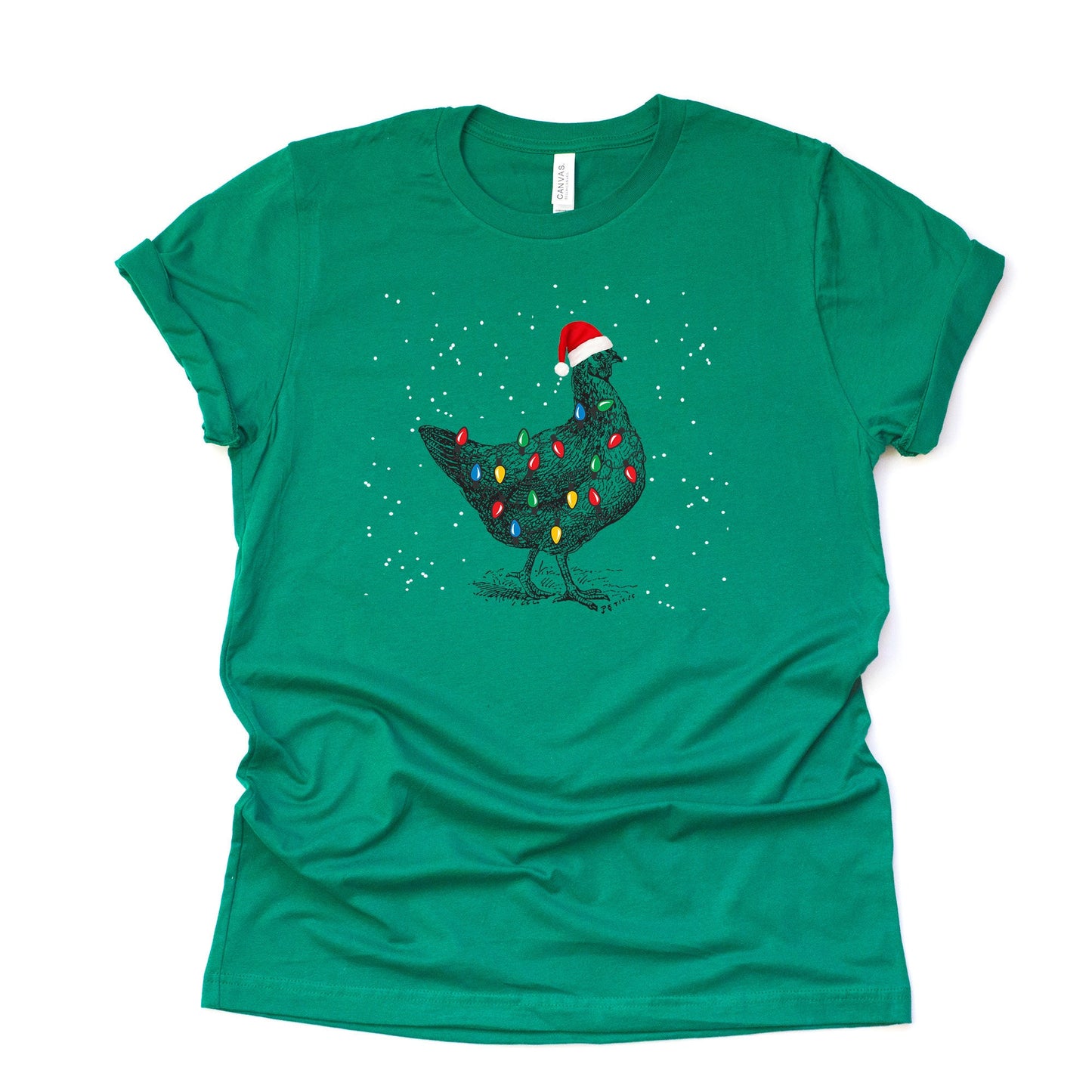 Christmas Tee, Cute Christmas Chicken with Santa Hat and Lights Design on premium Bella + Canvas unisex shirt, 3 color choices, plus sizes