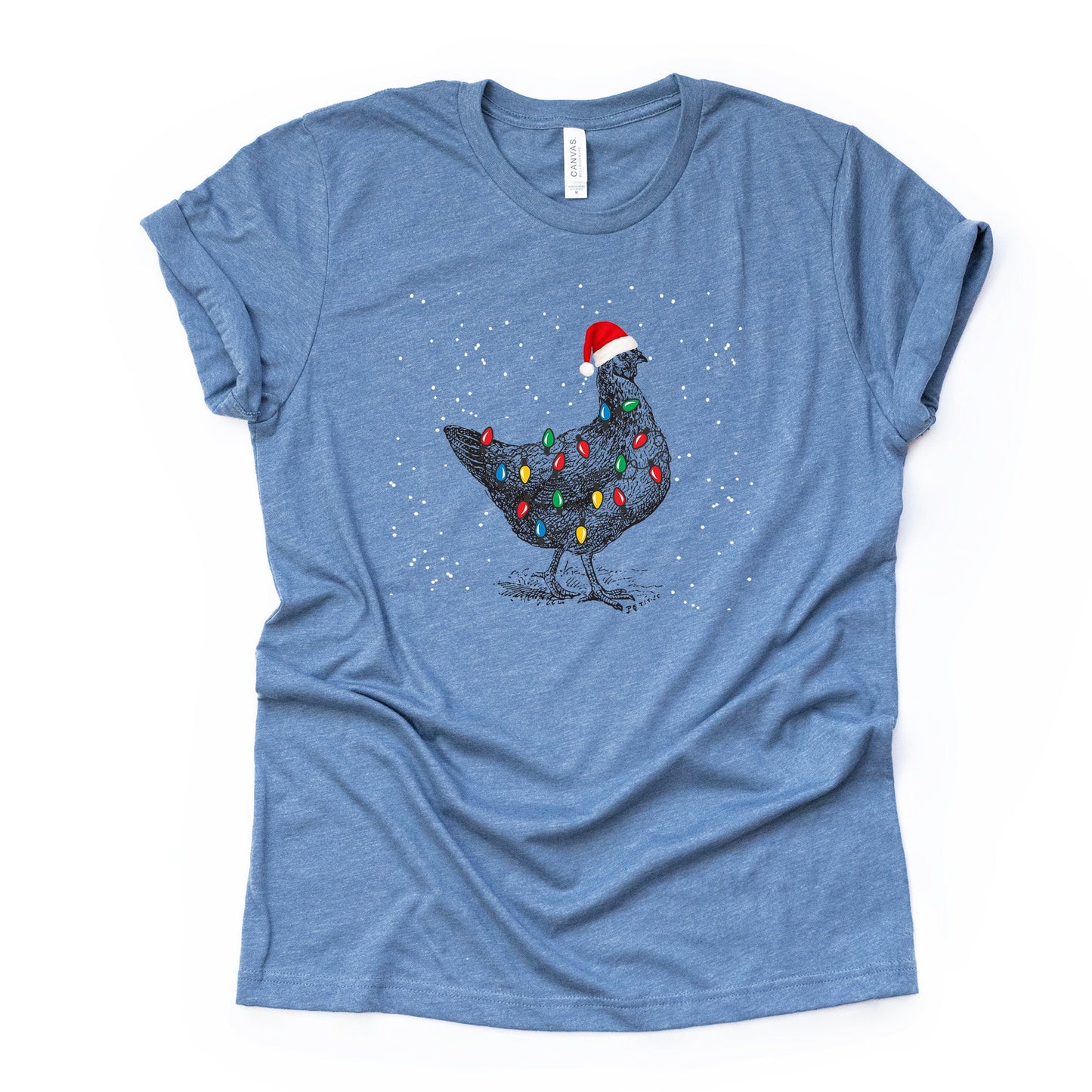 Christmas Tee, Cute Christmas Chicken with Santa Hat and Lights Design on premium Bella + Canvas unisex shirt, 3 color choices, plus sizes