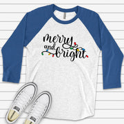 Christmas Raglan, Beautiful Christmas Lights Merry and Bright Design on premium Raglan 3/4 sleeve shirt, plus size, 2X, 3X