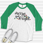 Christmas Raglan, Beautiful Christmas Lights Merry and Bright Design on premium Raglan 3/4 sleeve shirt, plus size, 2X, 3X
