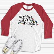 Christmas Raglan, Beautiful Christmas Lights Merry and Bright Design on premium Raglan 3/4 sleeve shirt, plus size, 2X, 3X