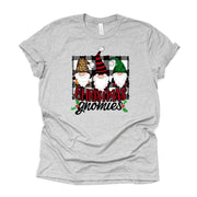 Christmas Gnomes, Three Christmas Gnomies on Black and White Plaid Design on premium Bella + Canvas unisex shirt, 2 color choices, plus size