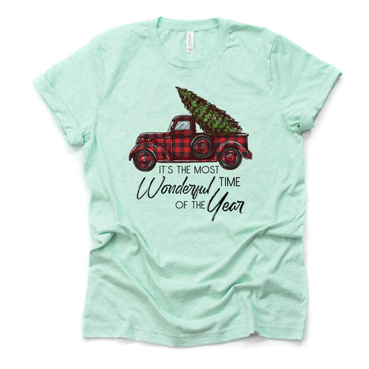Christmas Tee, It's The Most Wonderful Time of the Year Red Plaid truck Design on premium unisex shirt, 2 color choices, plus size available